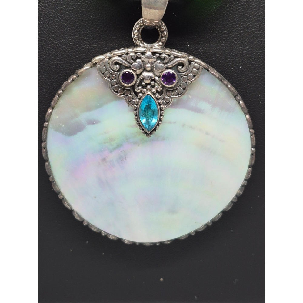 JTV Necklace Woman Green Glass Mother of Pearl Sterling Silver Quartz Statement - Picture 5 of 16